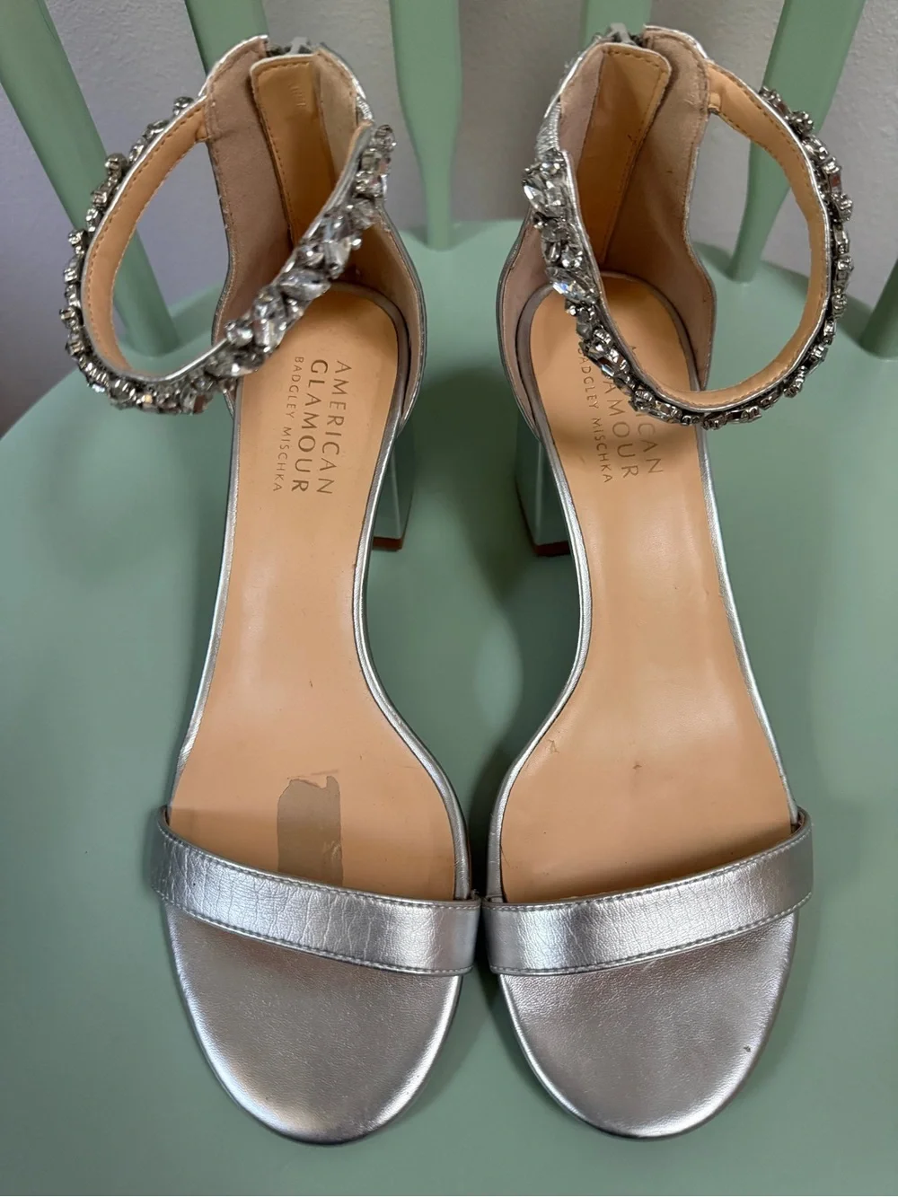 Badgley Mischka Silver Jeweled Ankle-Strap Block Heels